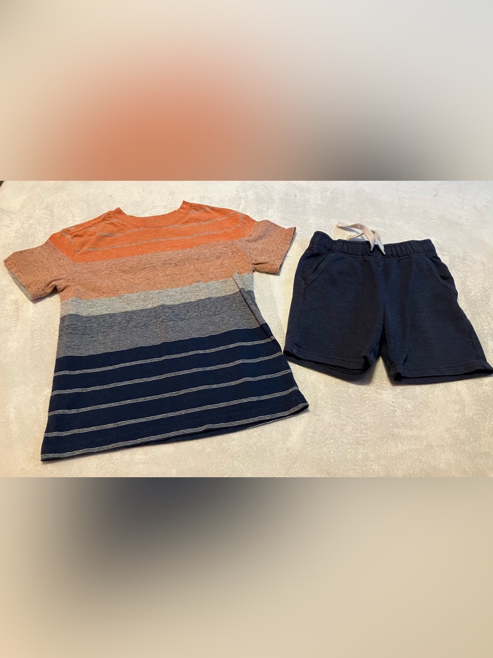 Cat & Jack Orange Gray and Navy Striped Short Sleeve Tee with Navy Shorts